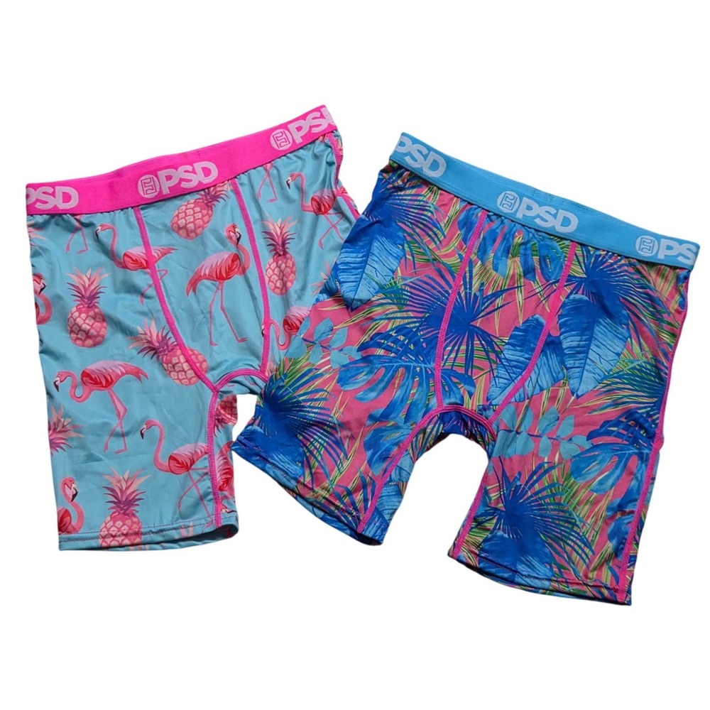 PSD Underwear Long XL 2 Pack Tropical Flamingo Palm Leaf Boxer Briefs Pink Blue